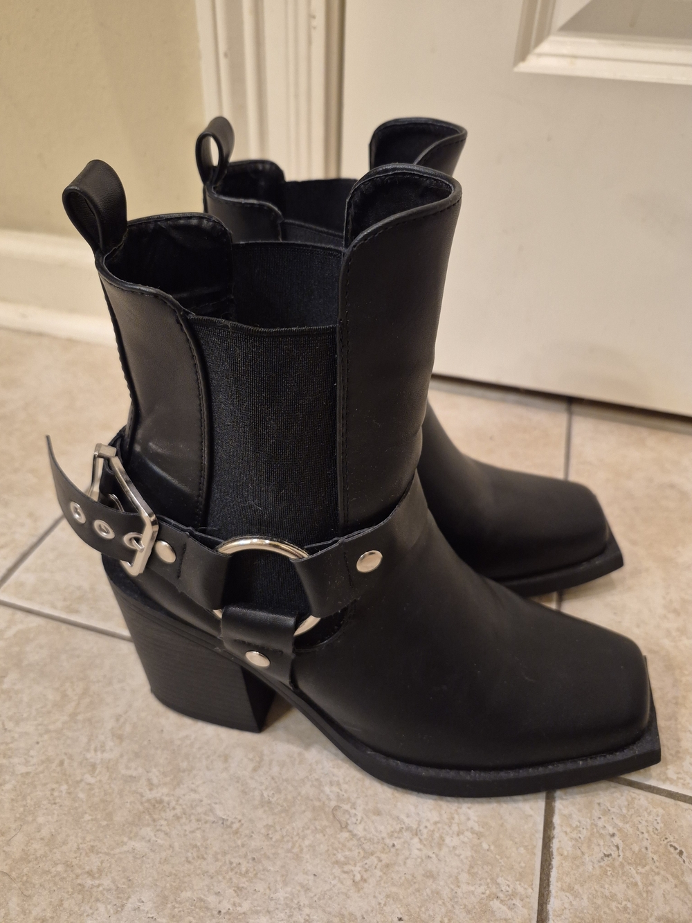 Women's Black Western Harness Ankle Boots with Block Heel